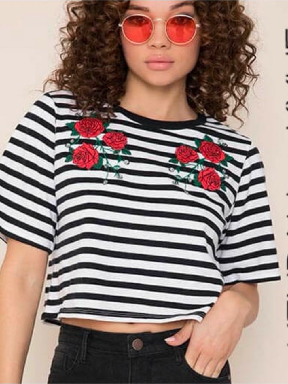 Kendall & Kylie Black & White Striped Crop Top with Red Rose Embroidery Size S